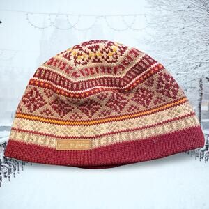 MoonShadow Beanie Hat Fair Isle Wool Blend Made in Canada Knit Maroon Gray